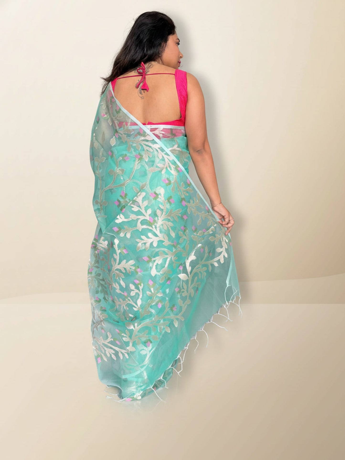 Light Green Kora Jamdani with Meenakari Motifs