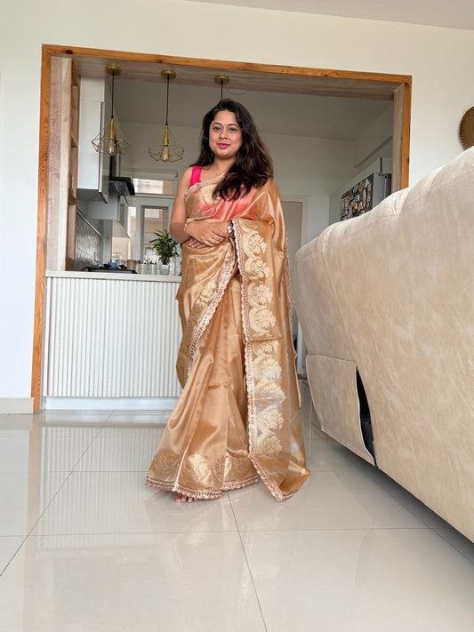 Golden Maharani Tissue Saree With Lace
