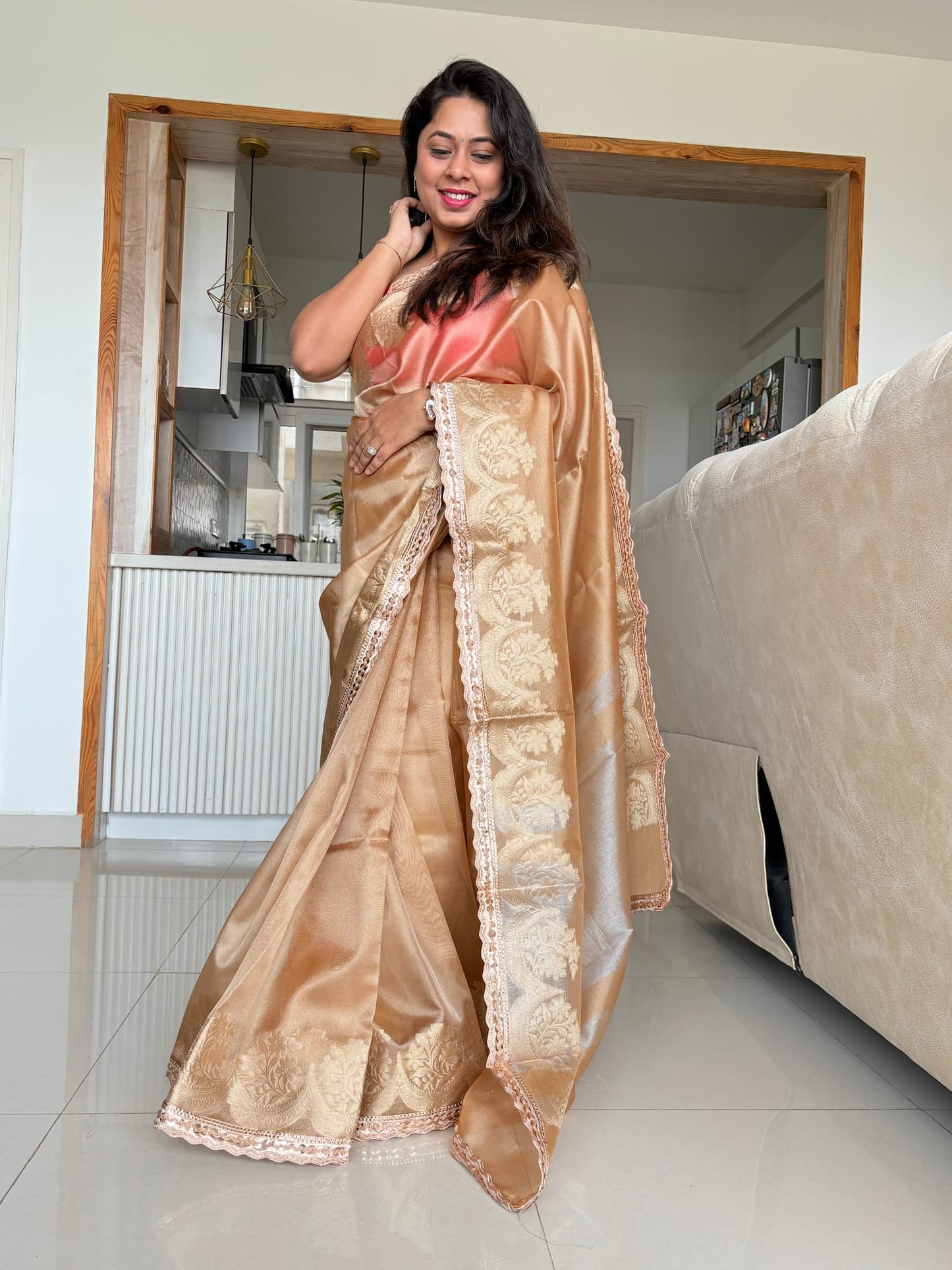 Golden Maharani Tissue Saree With Lace