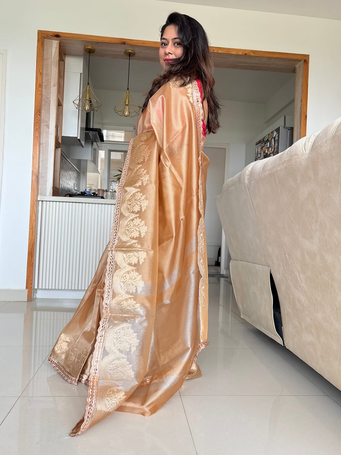 Golden Maharani Tissue Saree With Lace