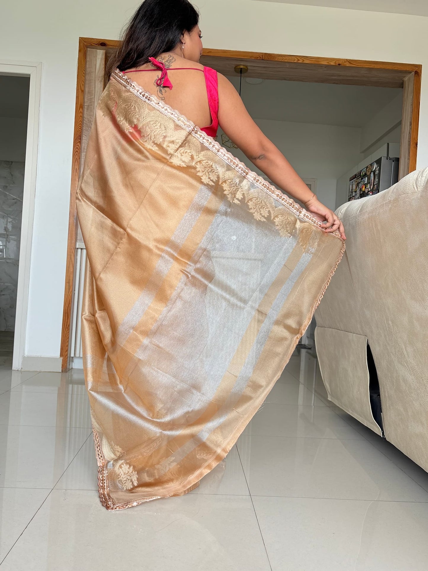 Golden Maharani Tissue Saree With Lace
