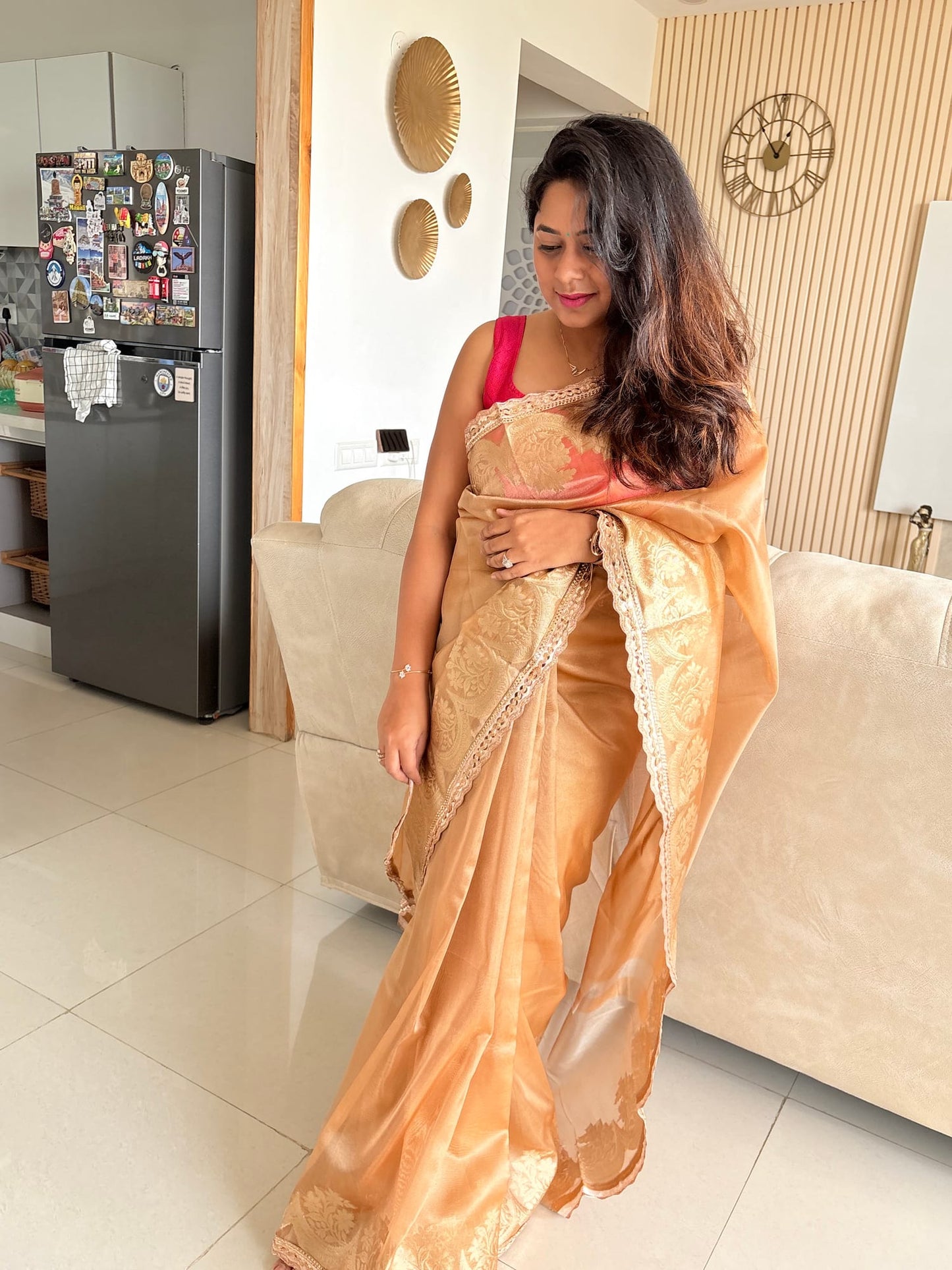Golden Maharani Tissue Saree With Lace