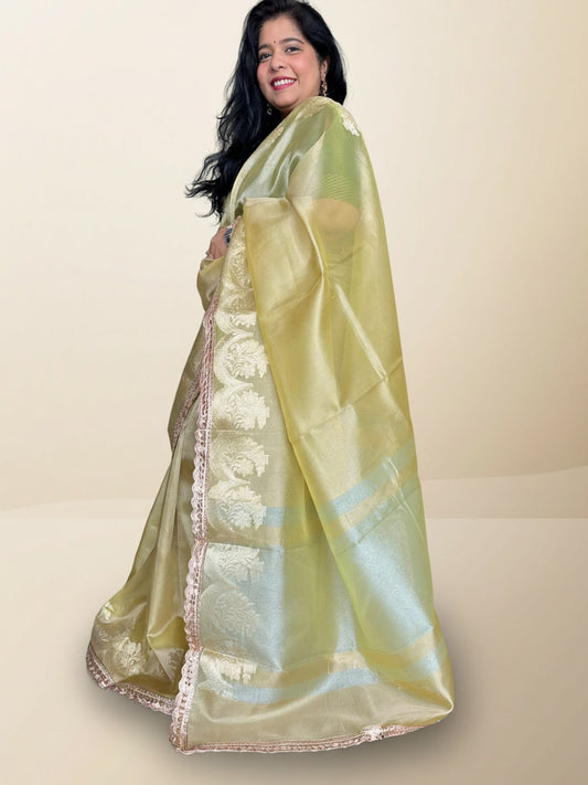 Lemon Green Tissue Saree With Lace