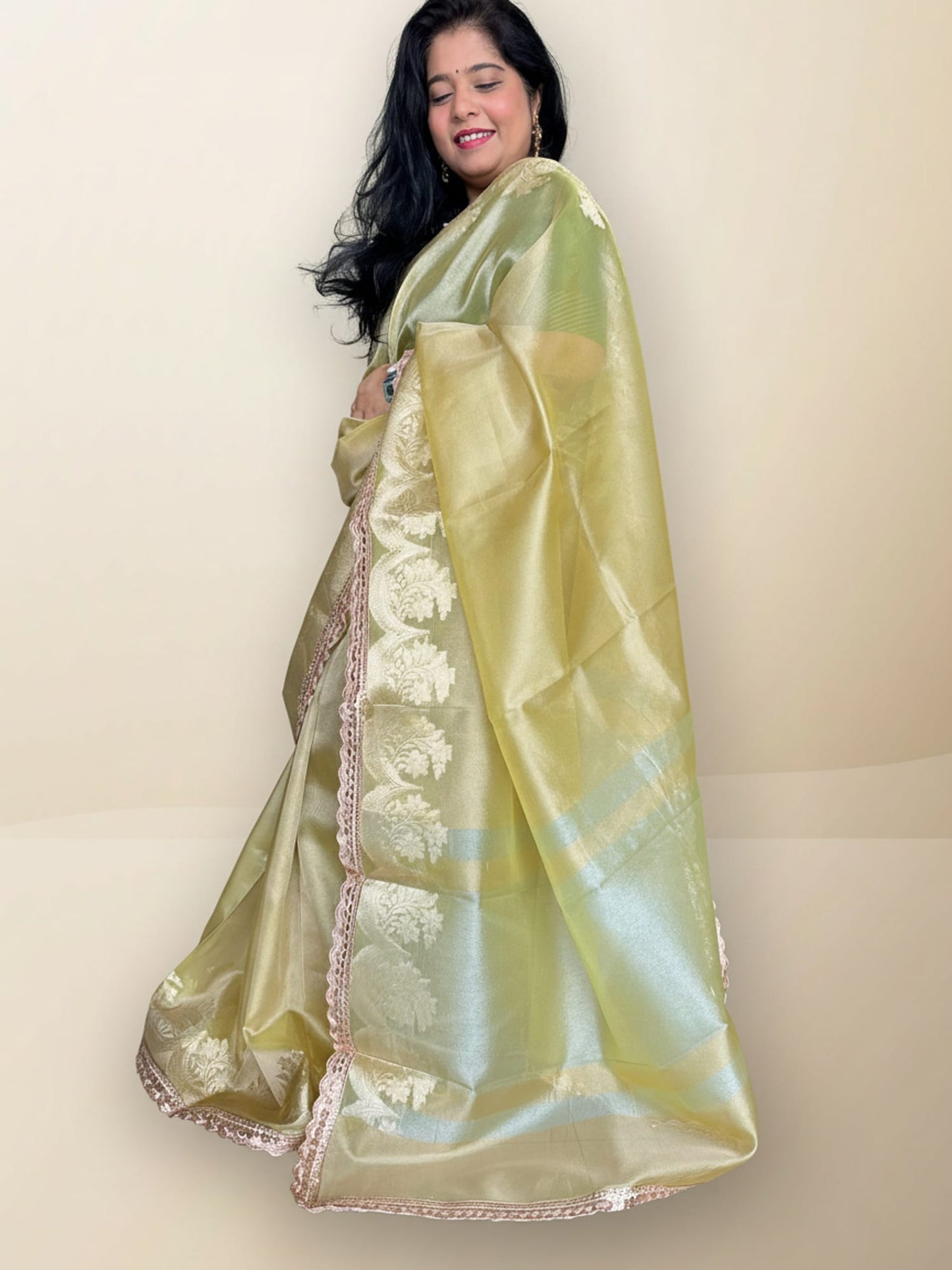Lemon Green Tissue Saree With Lace