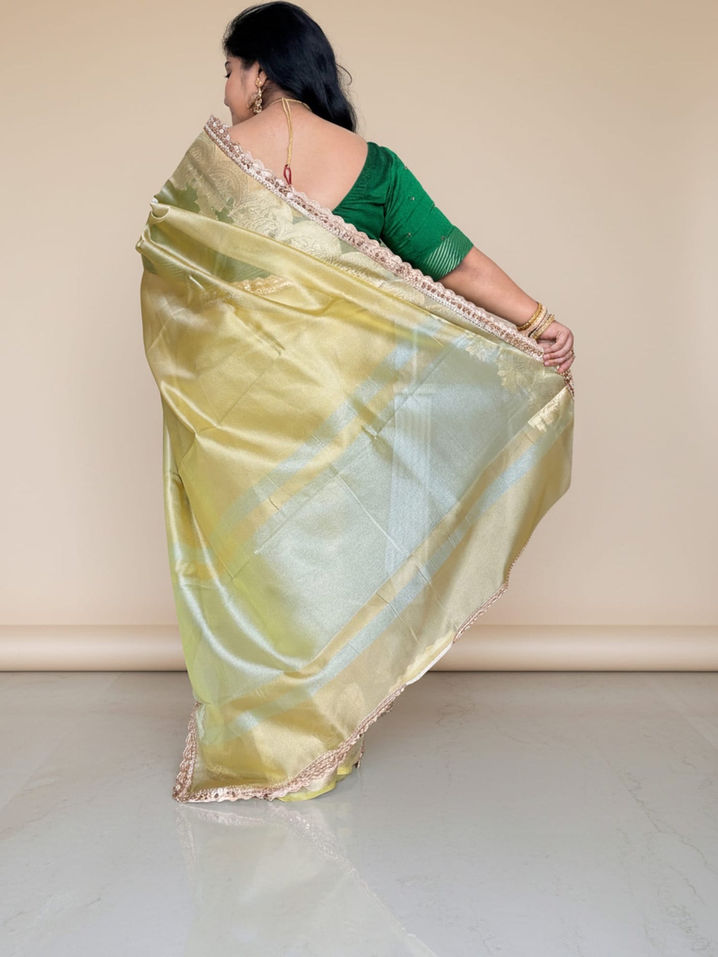 Lemon Green Tissue Saree With Lace