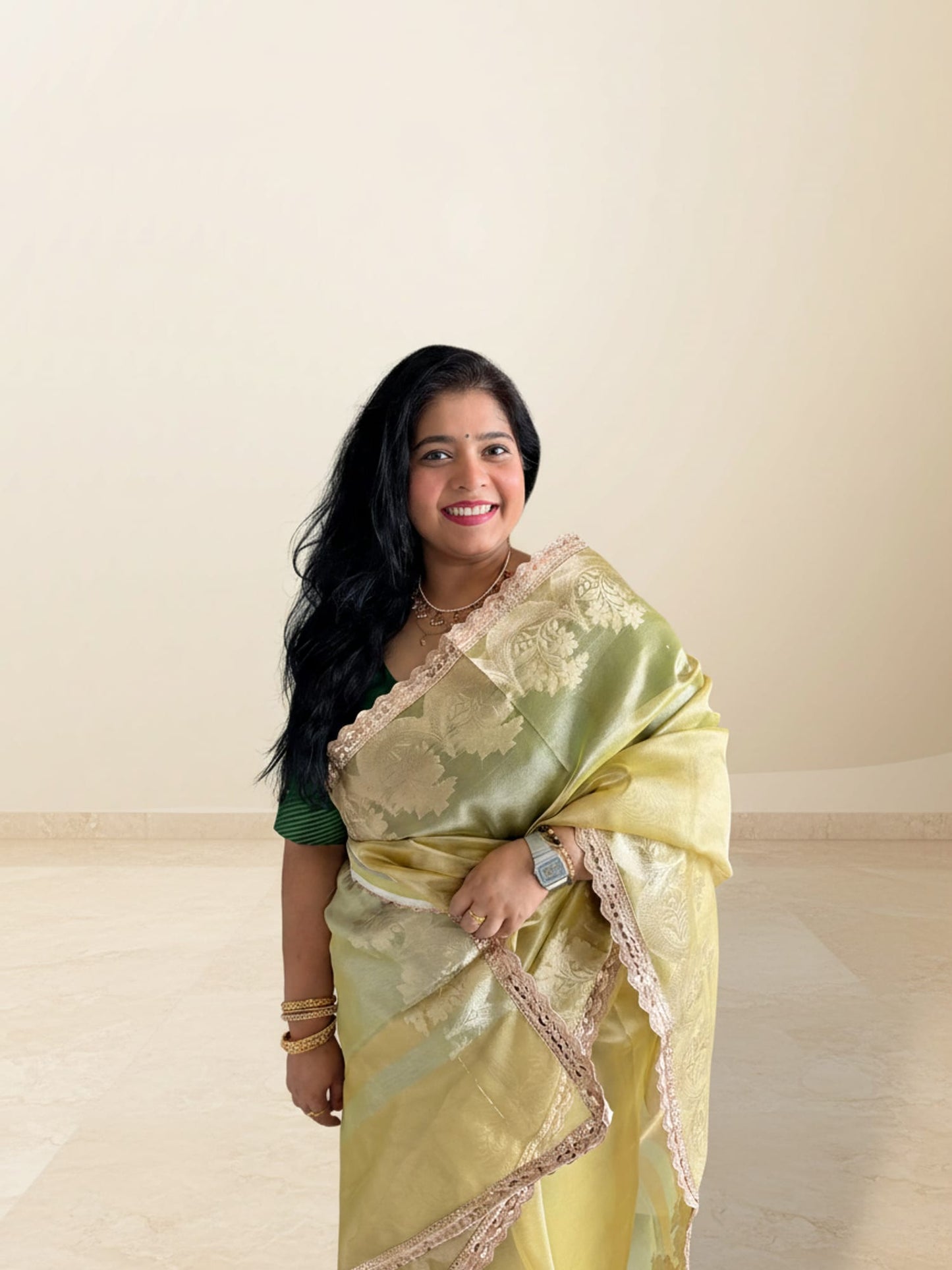Lemon Green Tissue Saree With Lace
