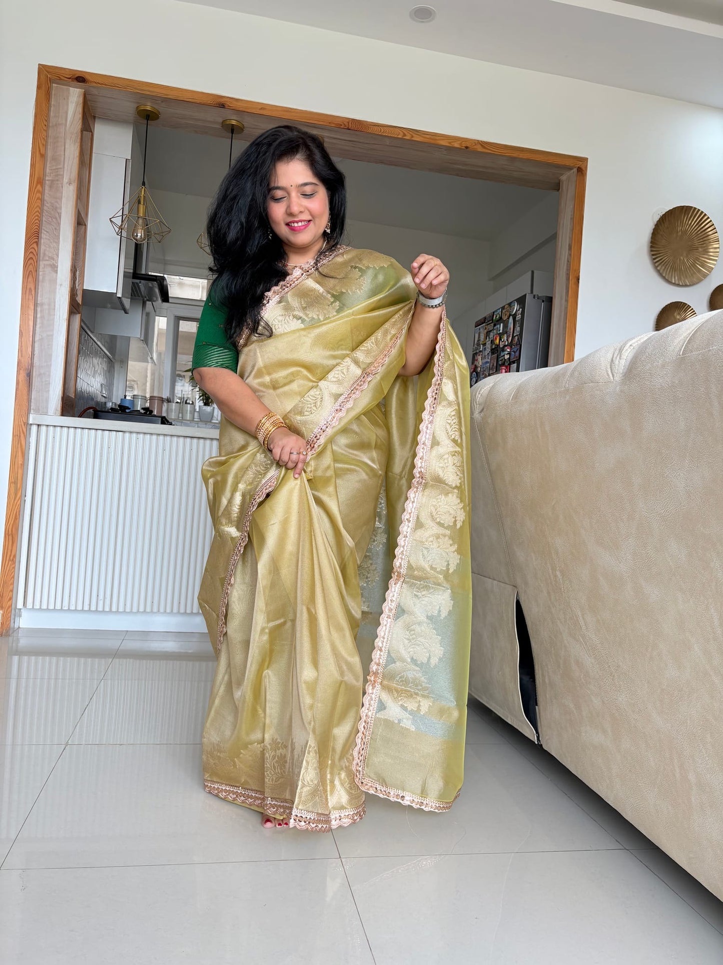 Lemon Green Tissue Saree With Lace