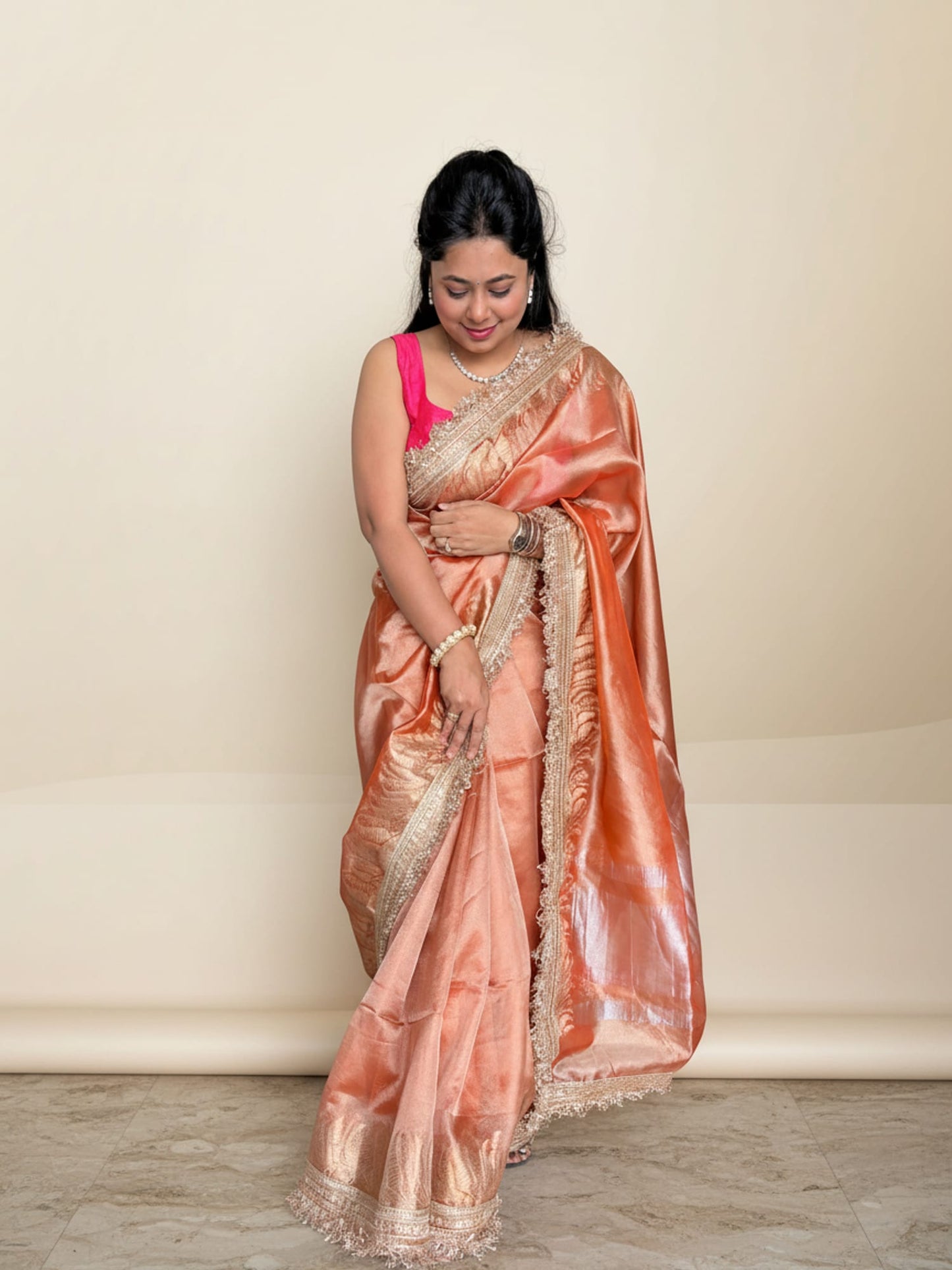 Orange Tissue Saree With Broad Lace