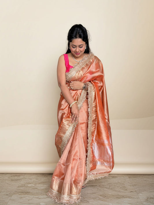 Orange Tissue Saree With Broad Lace