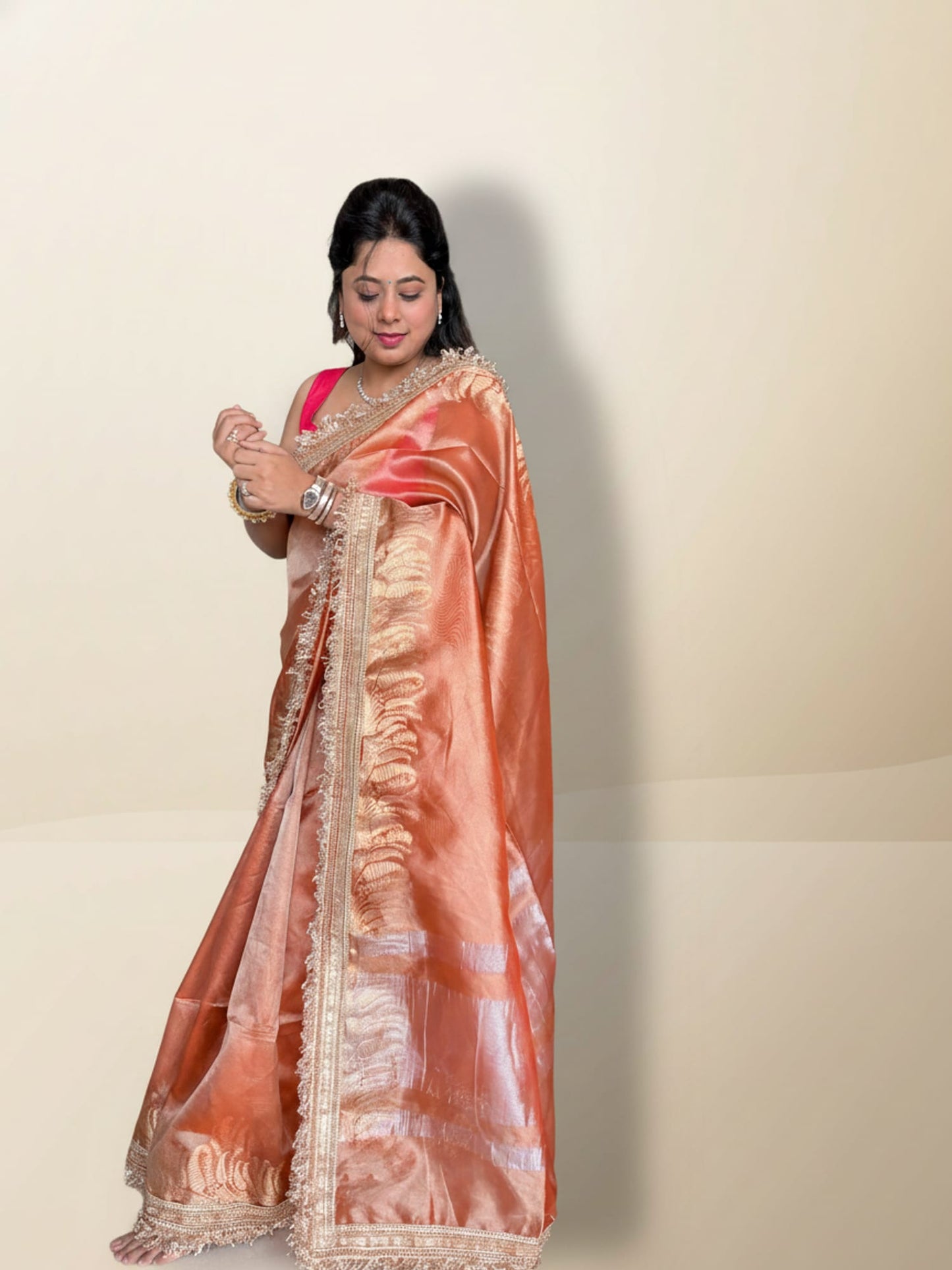 Orange Tissue Saree With Broad Lace