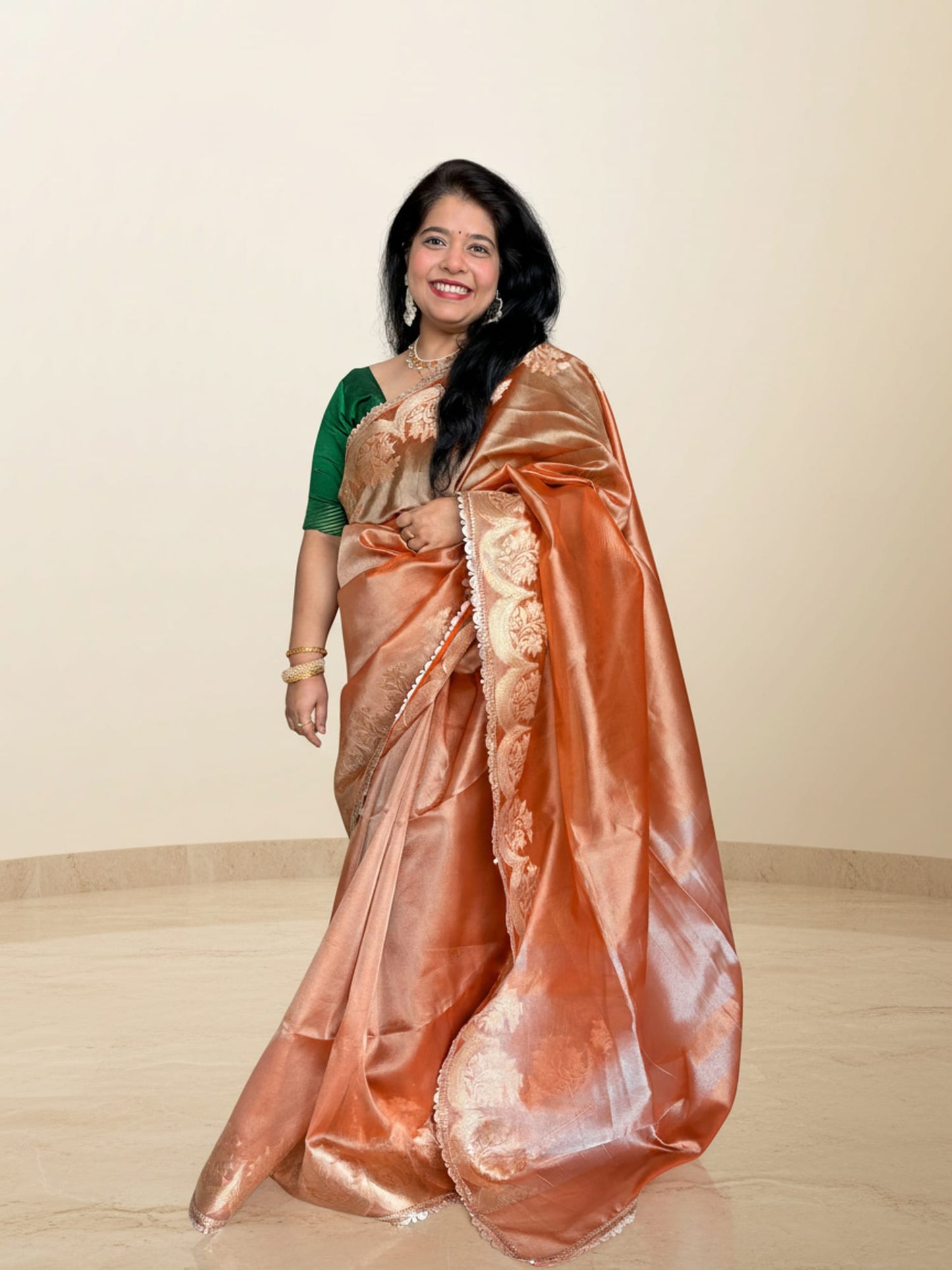 Orange Maharani Tissue Saree With Lace
