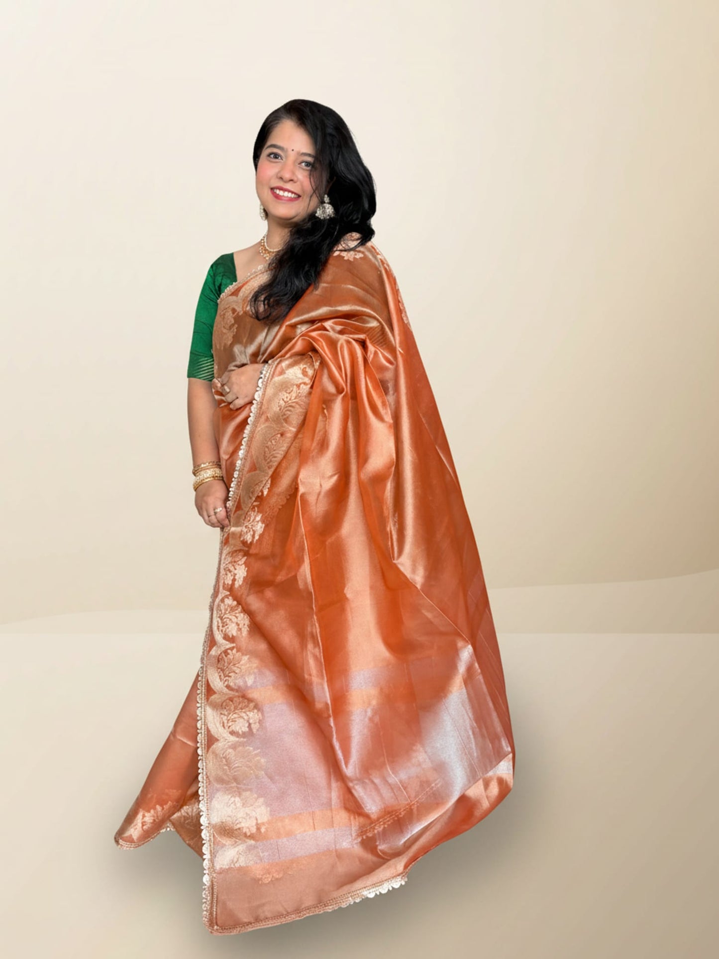 Orange Maharani Tissue Saree With Lace