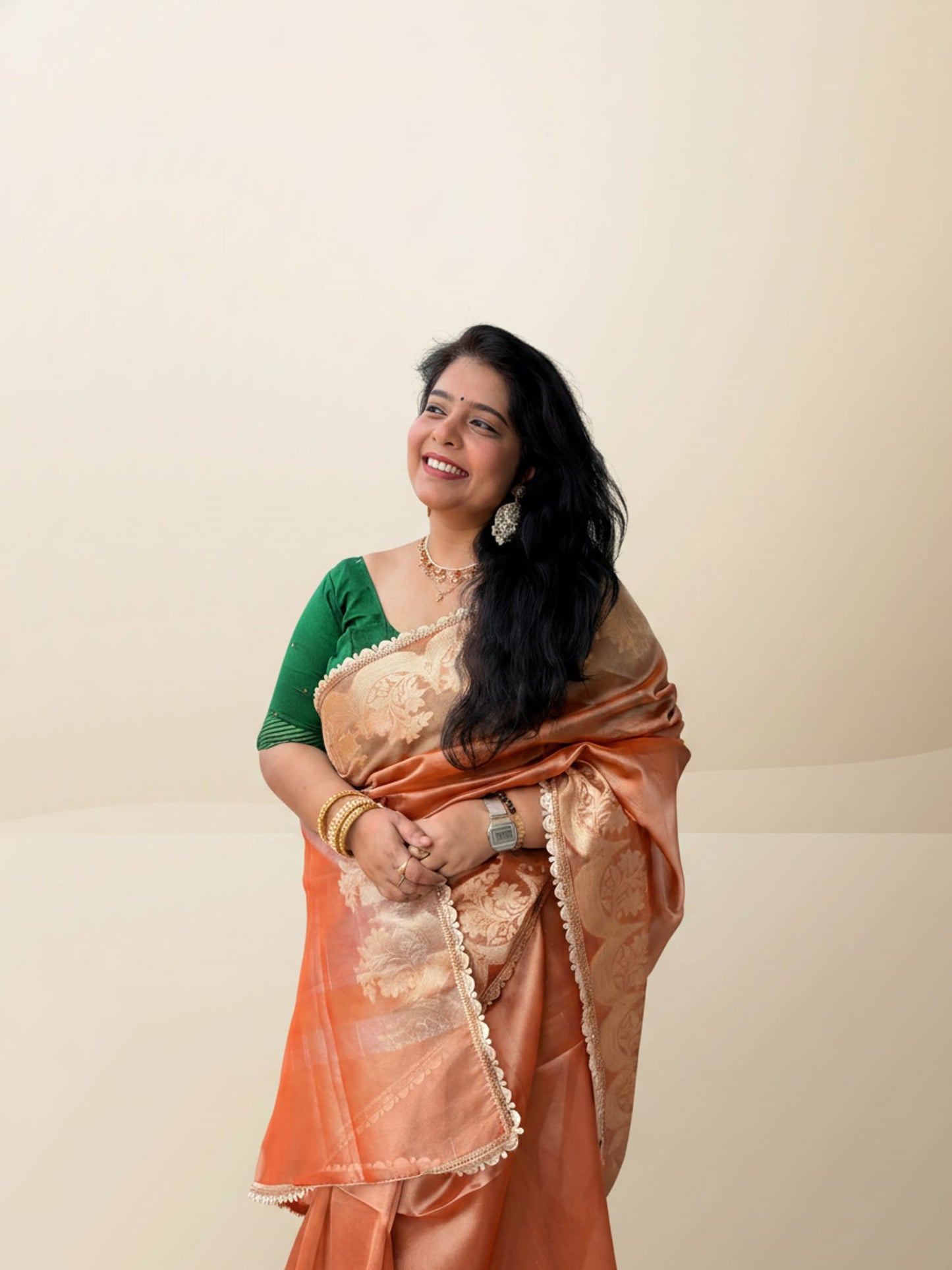 Orange Maharani Tissue Saree With Lace