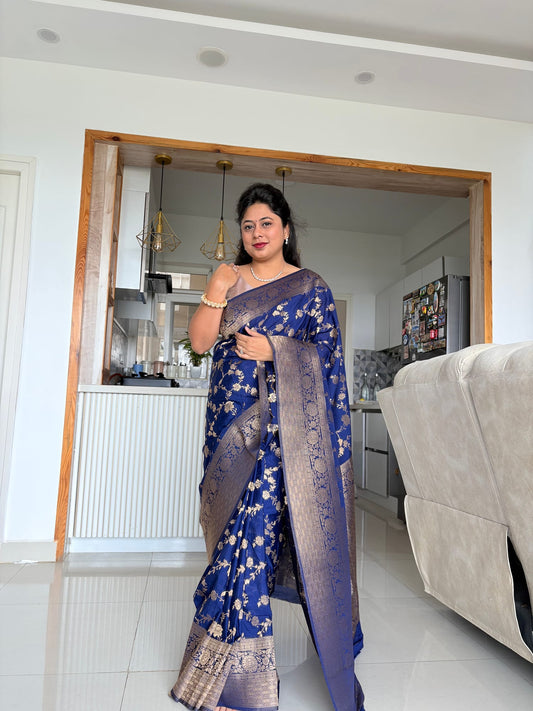 Kashi Chinnon - Navy Blue Jaal Work Saree