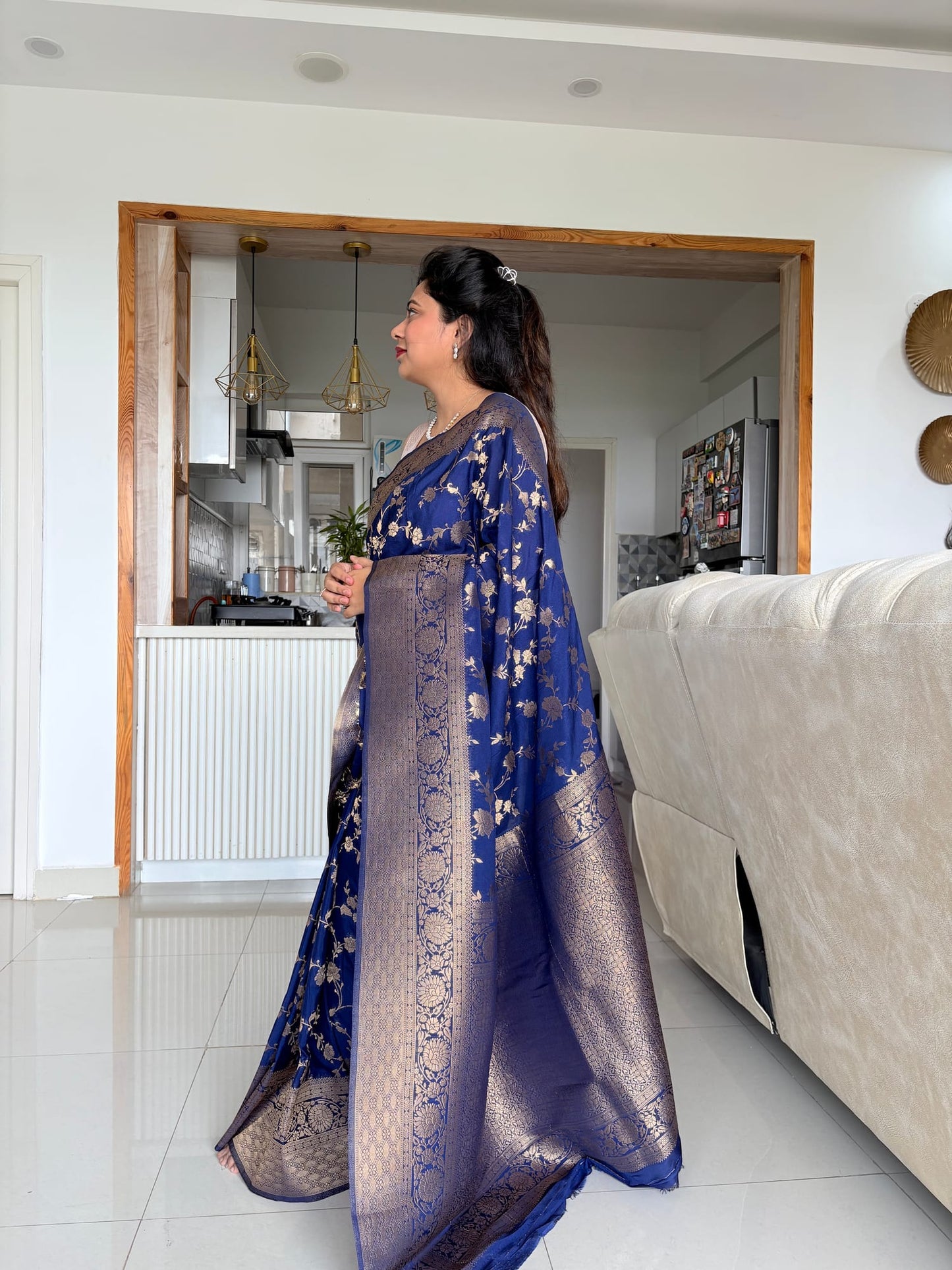 Kashi Chinnon - Navy Blue Jaal Work Saree