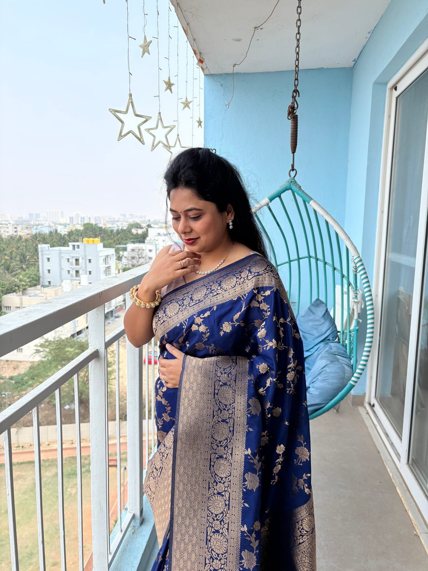 Kashi Chinnon - Navy Blue Jaal Work Saree