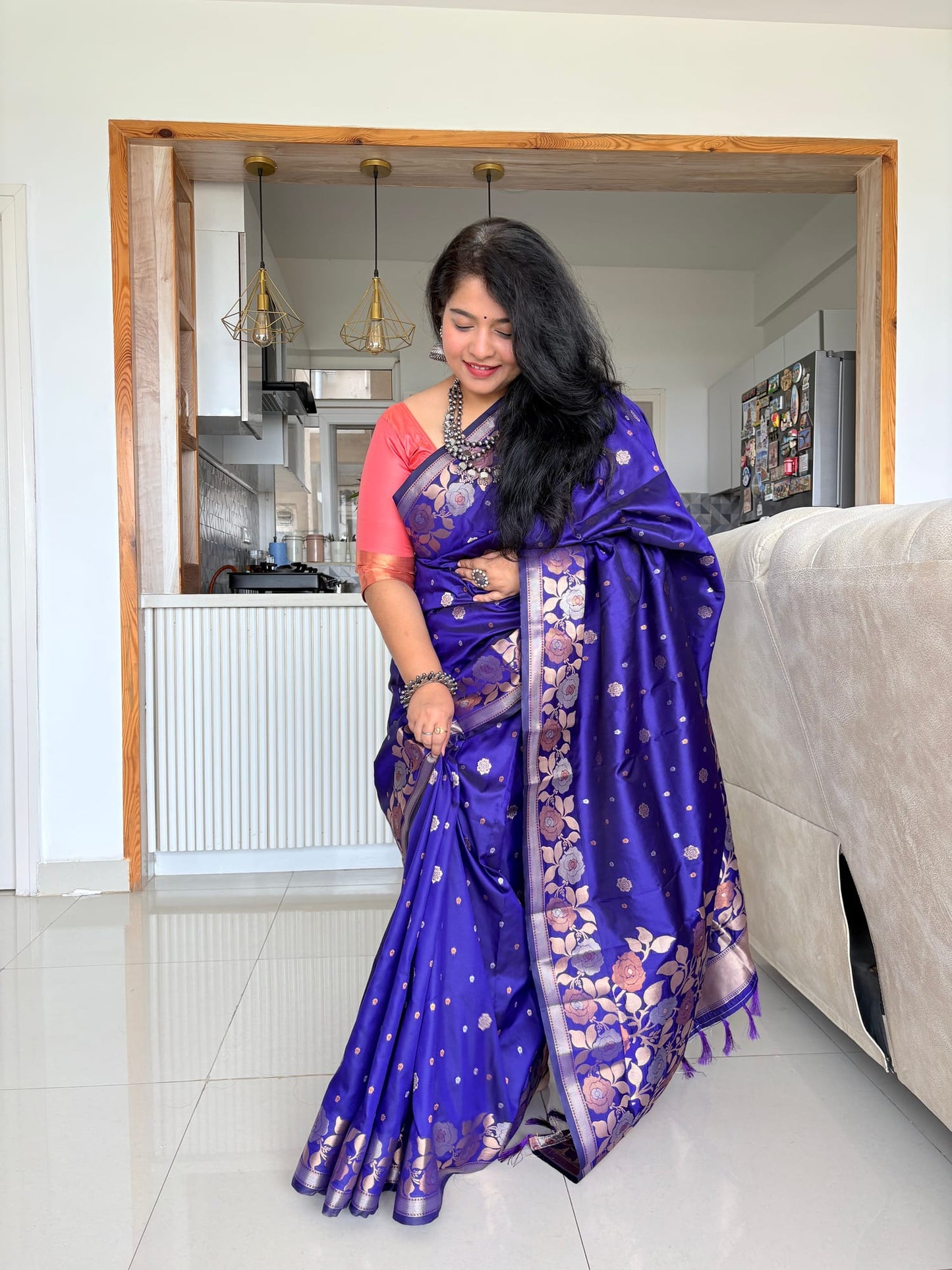 Kashi Katan - Blue Booti Work Saree