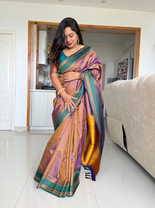 Brown and Green Contrast Brocade Saree