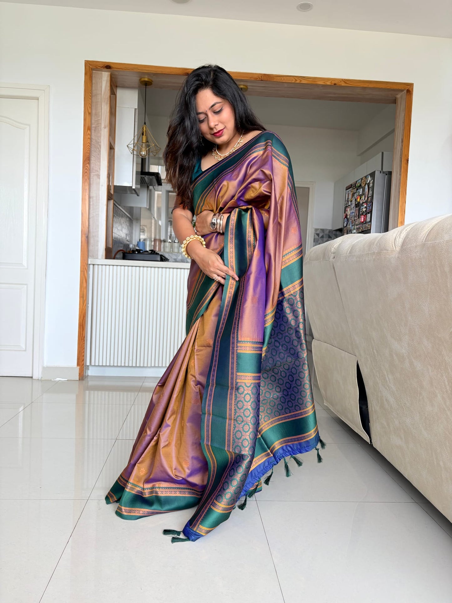 Brown and Green Contrast Brocade Saree