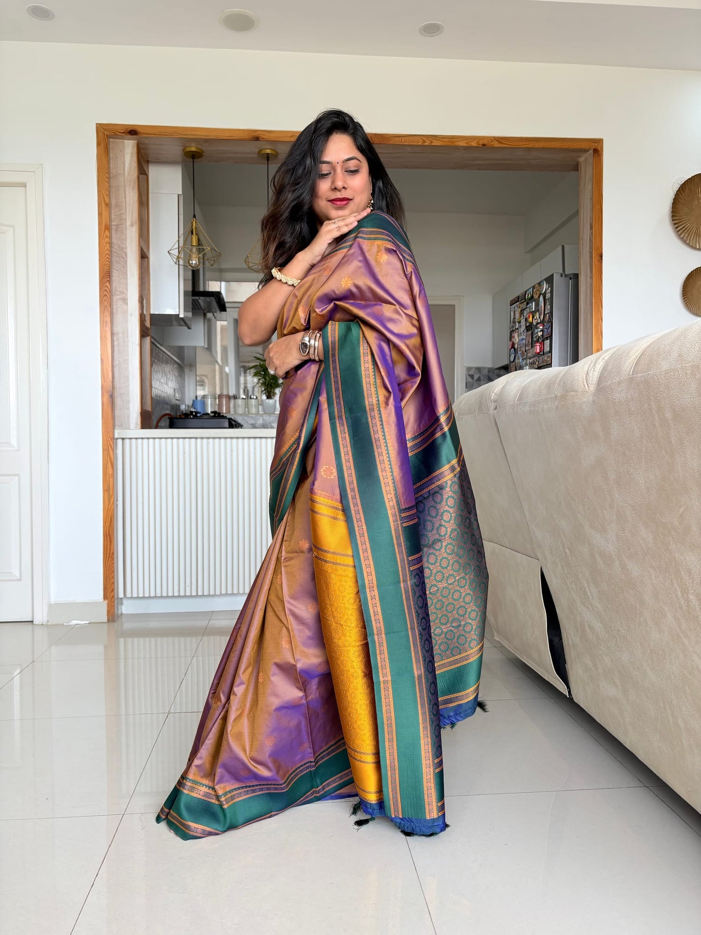 Brown and Green Contrast Brocade Saree