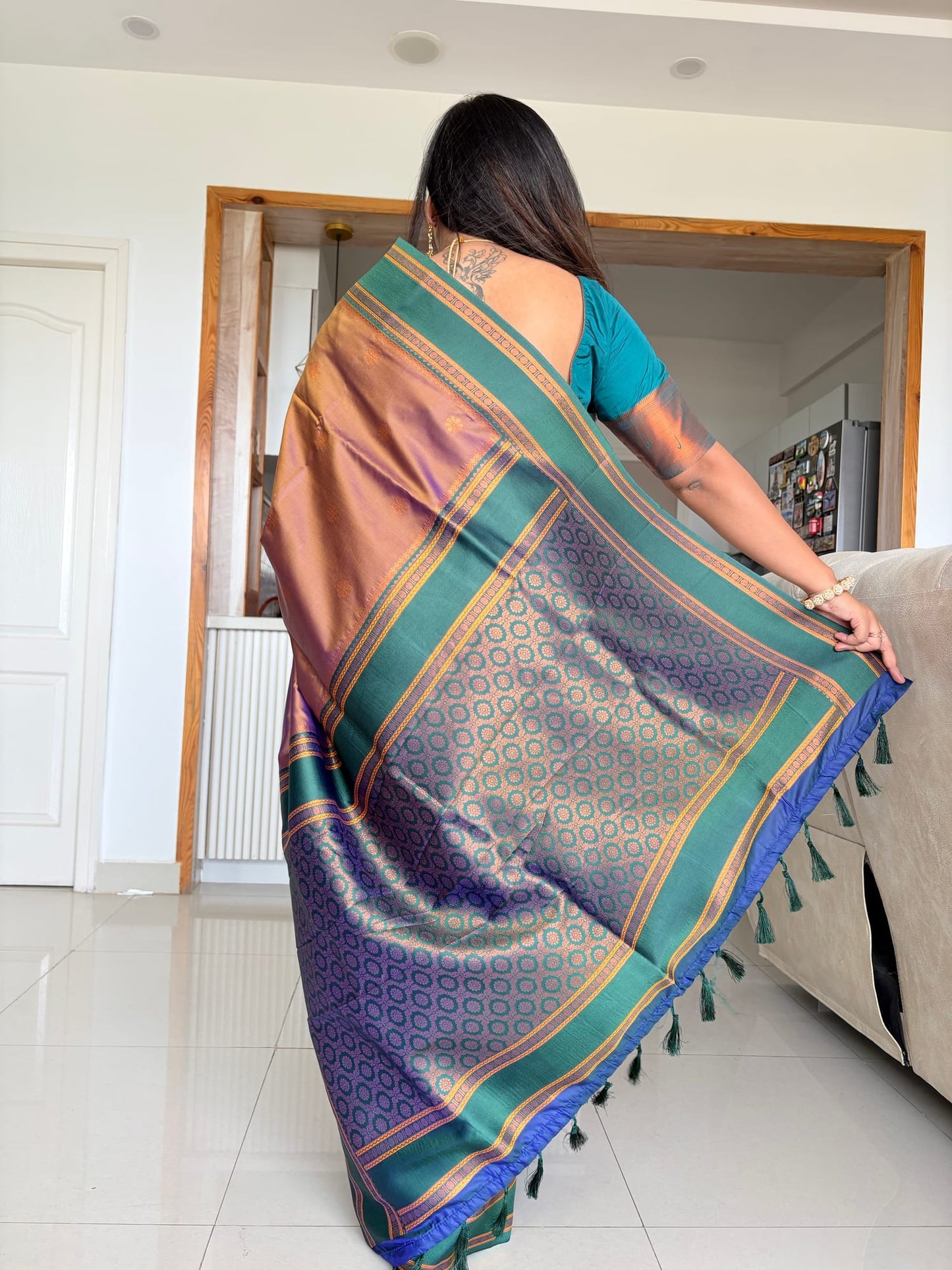 Brown and Green Contrast Brocade Saree