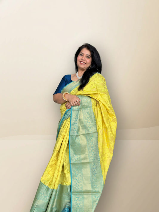 Lemon Yellow and Firozi Contrast Brocade Saree