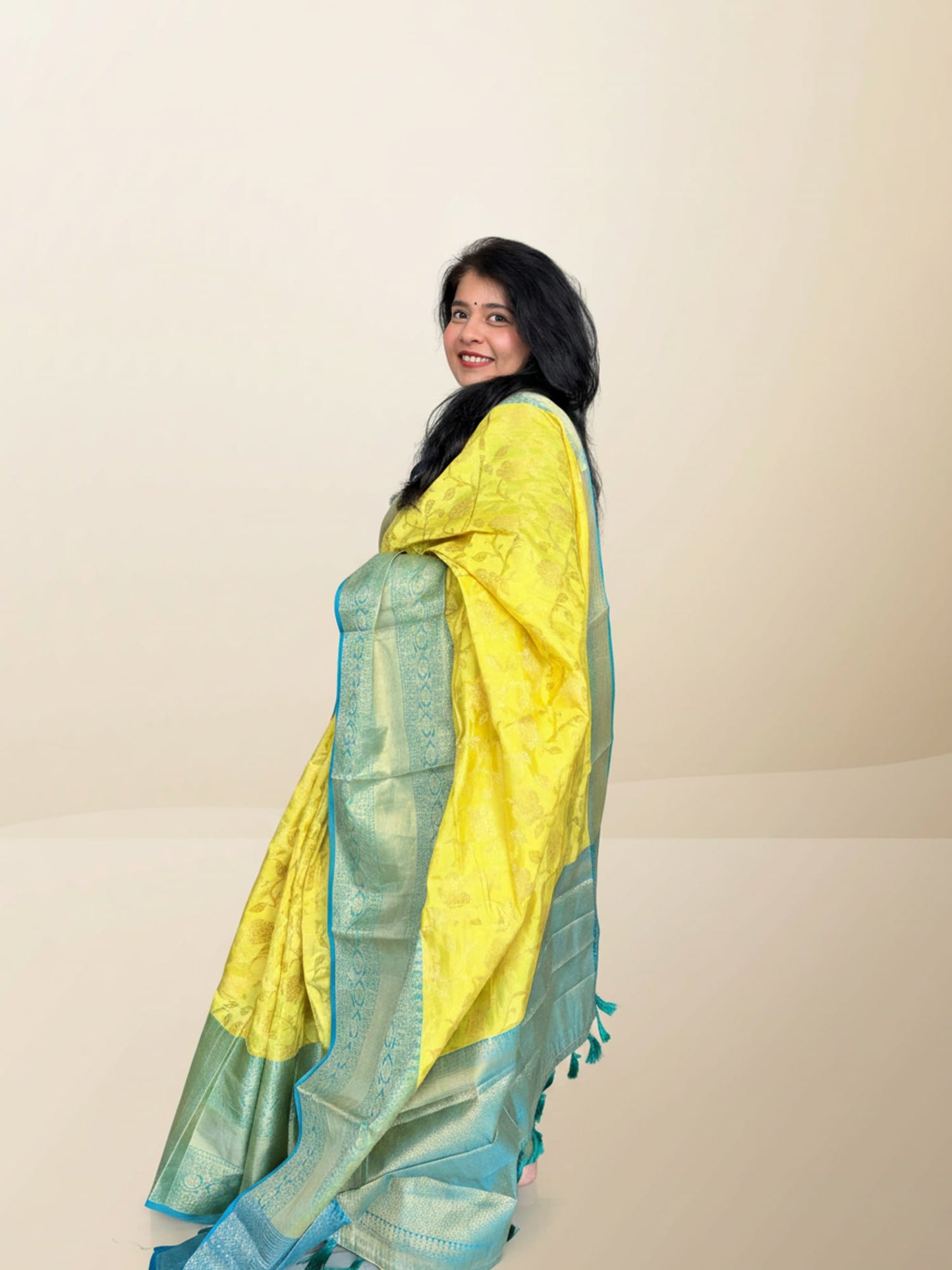 Lemon Yellow and Firozi Contrast Brocade Saree