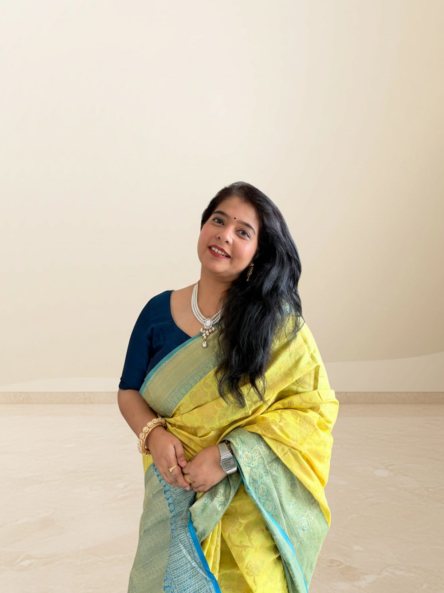 Lemon Yellow and Firozi Contrast Brocade Saree