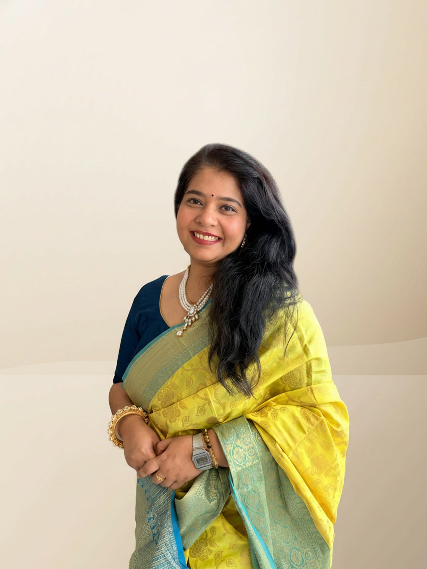 Lemon Yellow and Firozi Contrast Brocade Saree