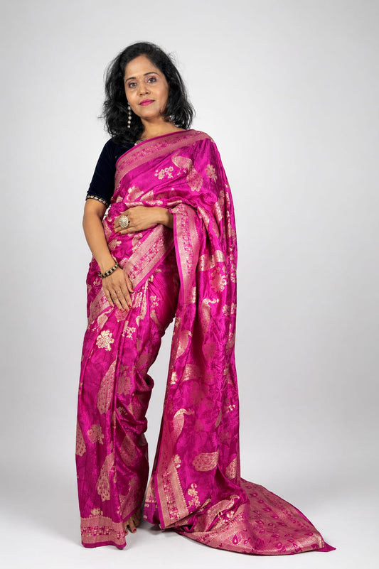 Kashi Crepe - Rani Pink Peacock Motifs Saree