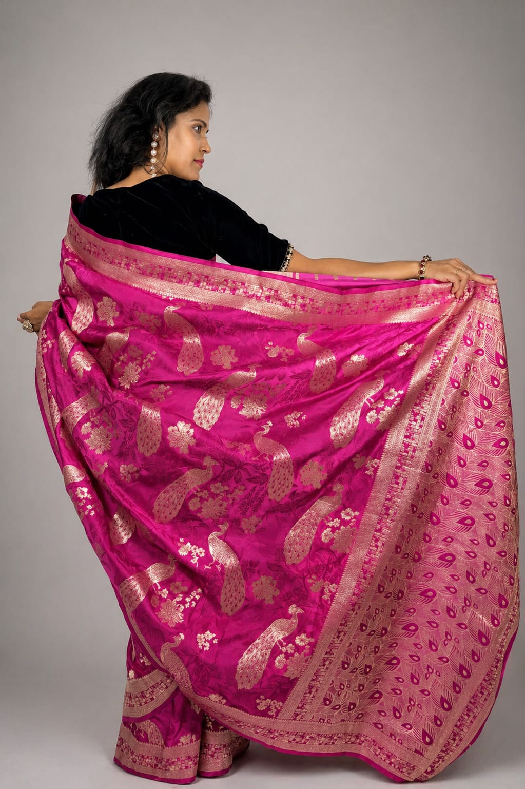 Kashi Crepe - Rani Pink Peacock Motifs Saree