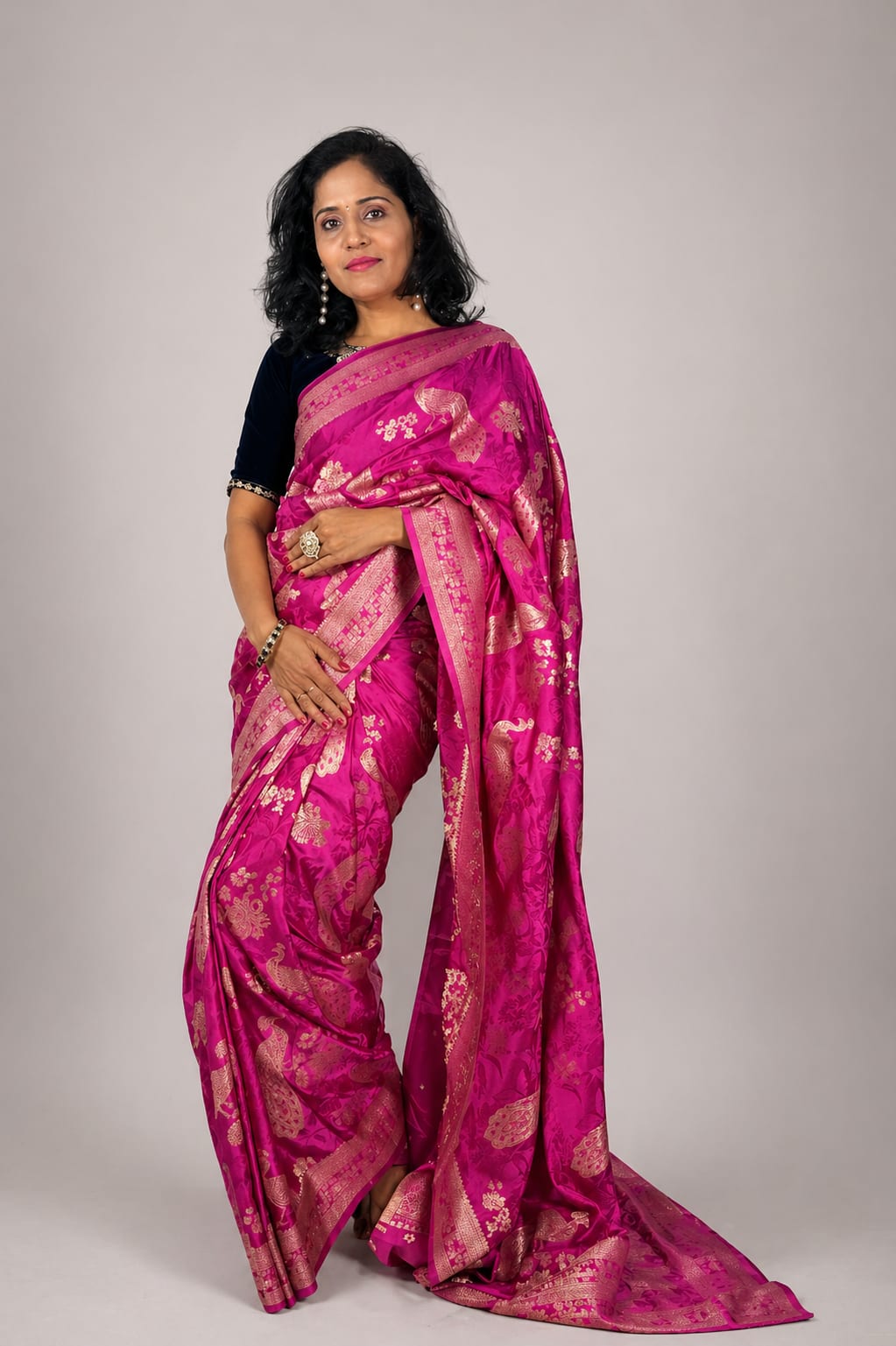 Kashi Crepe - Rani Pink Peacock Motifs Saree