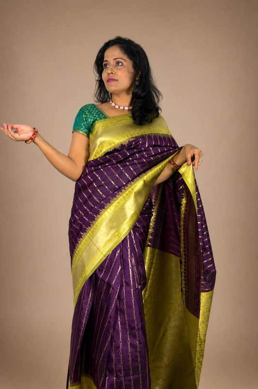 Purple and Lemon Green Contrast Saree