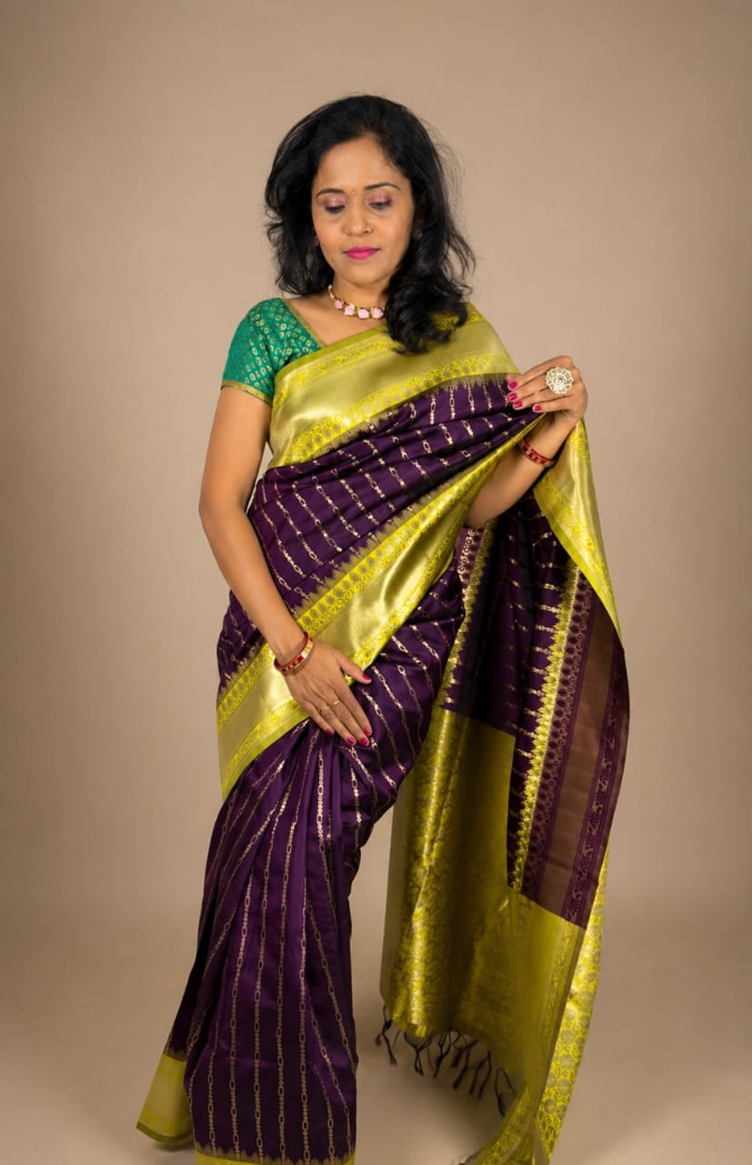 Purple and Lemon Green Contrast Saree