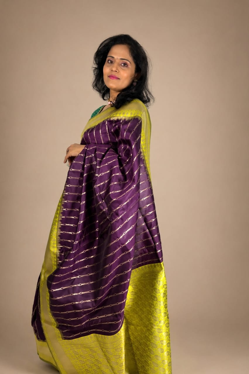 Purple and Lemon Green Contrast Saree