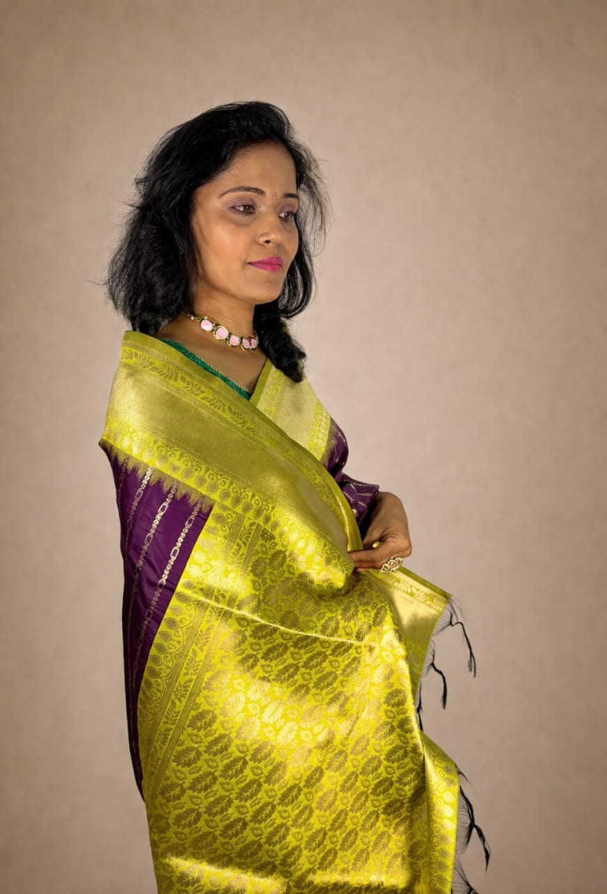 Purple and Lemon Green Contrast Saree