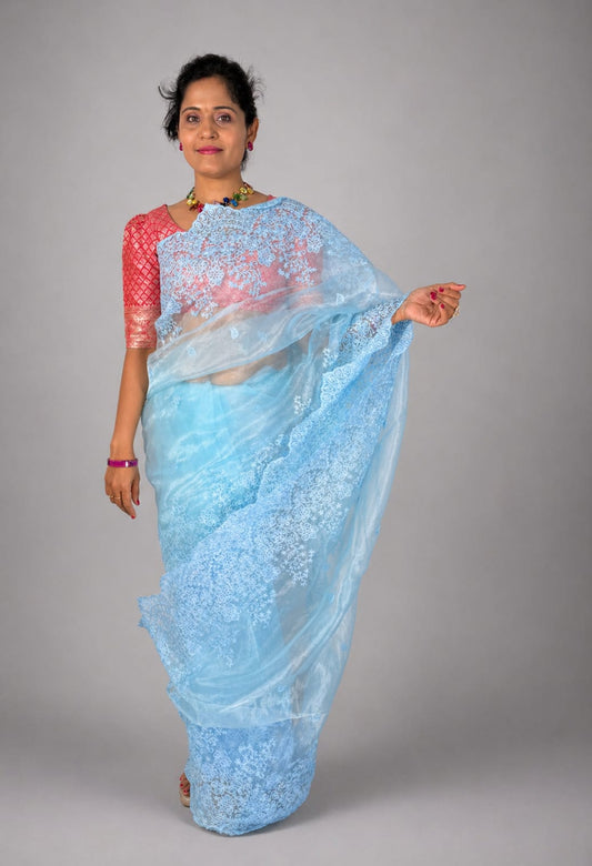 Sky Blue Cutwork Designer Saree
