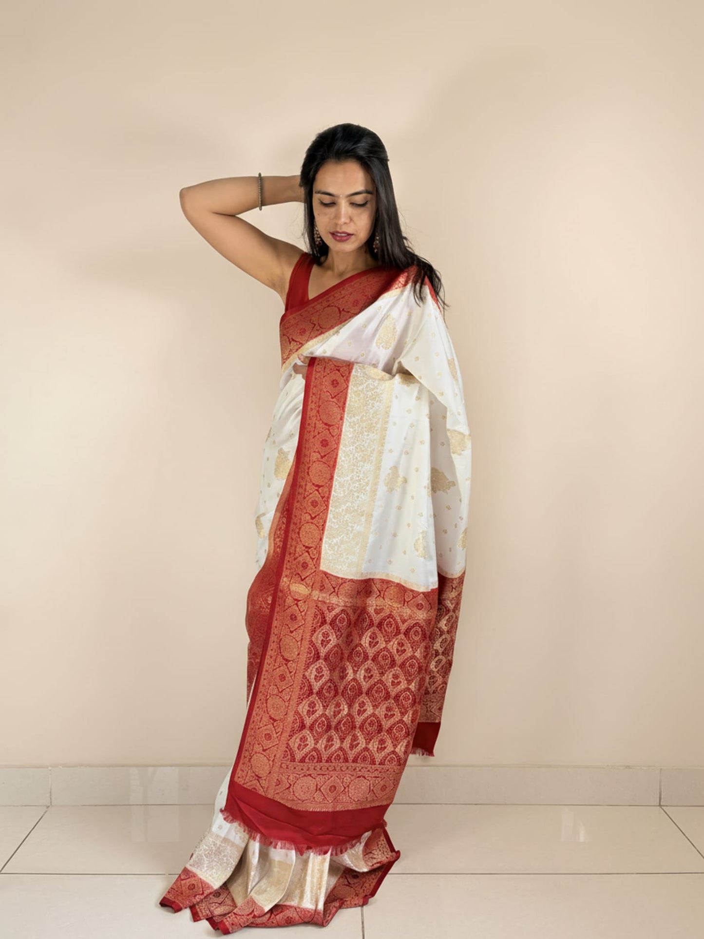 White Red Bengali Saree