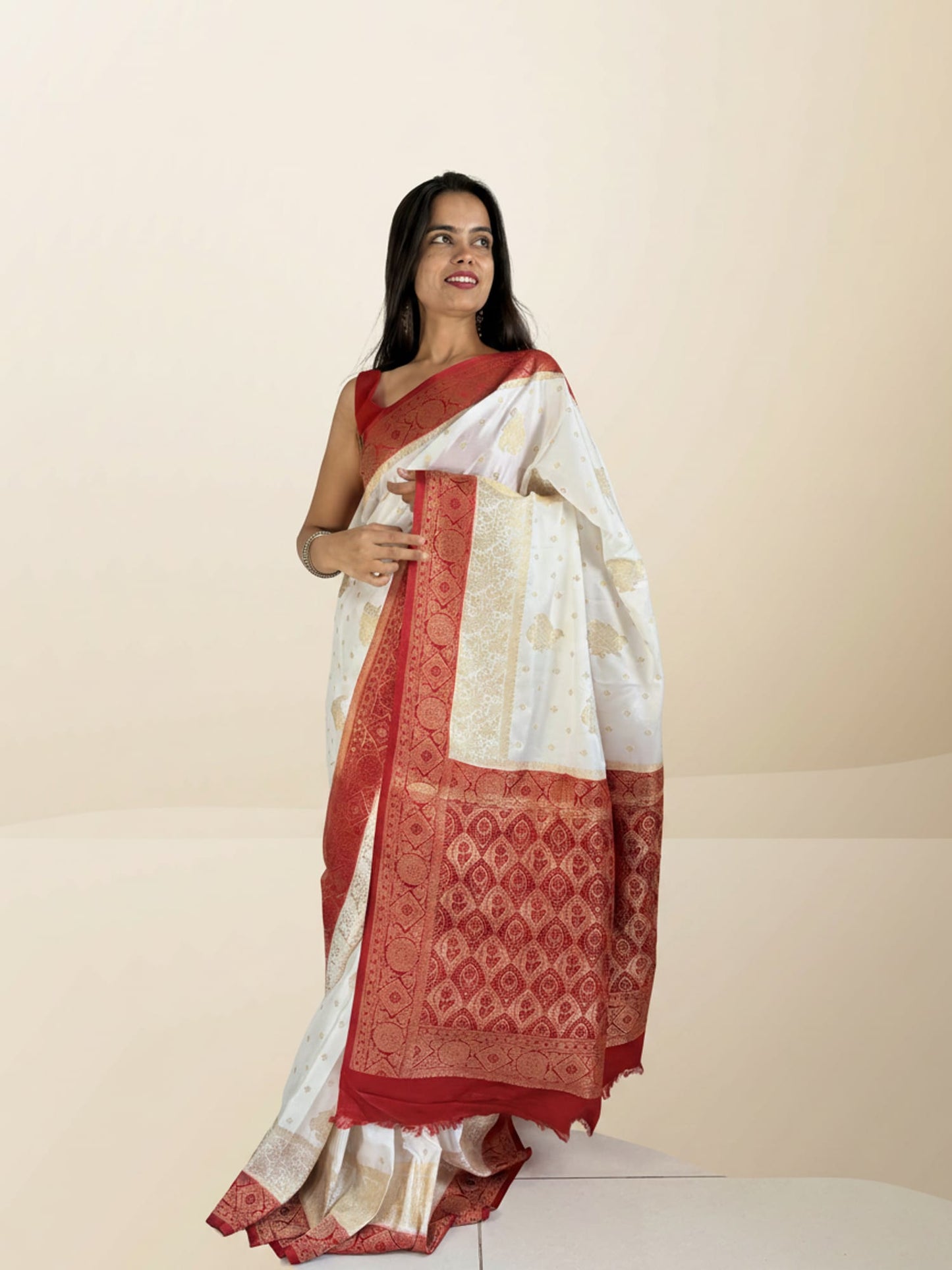 White Red Bengali Saree