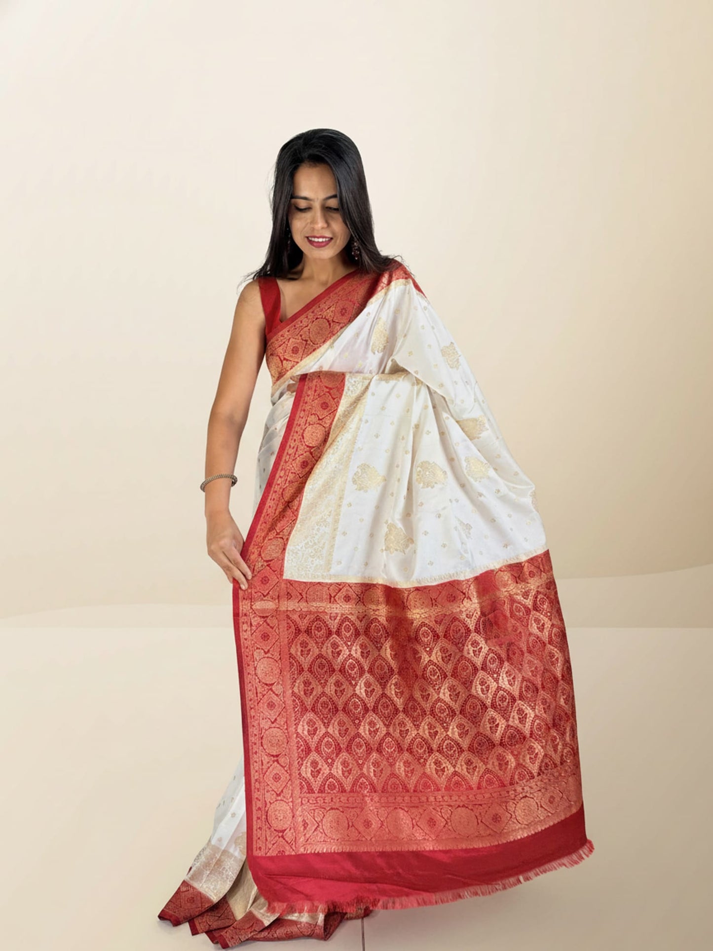 White Red Bengali Saree
