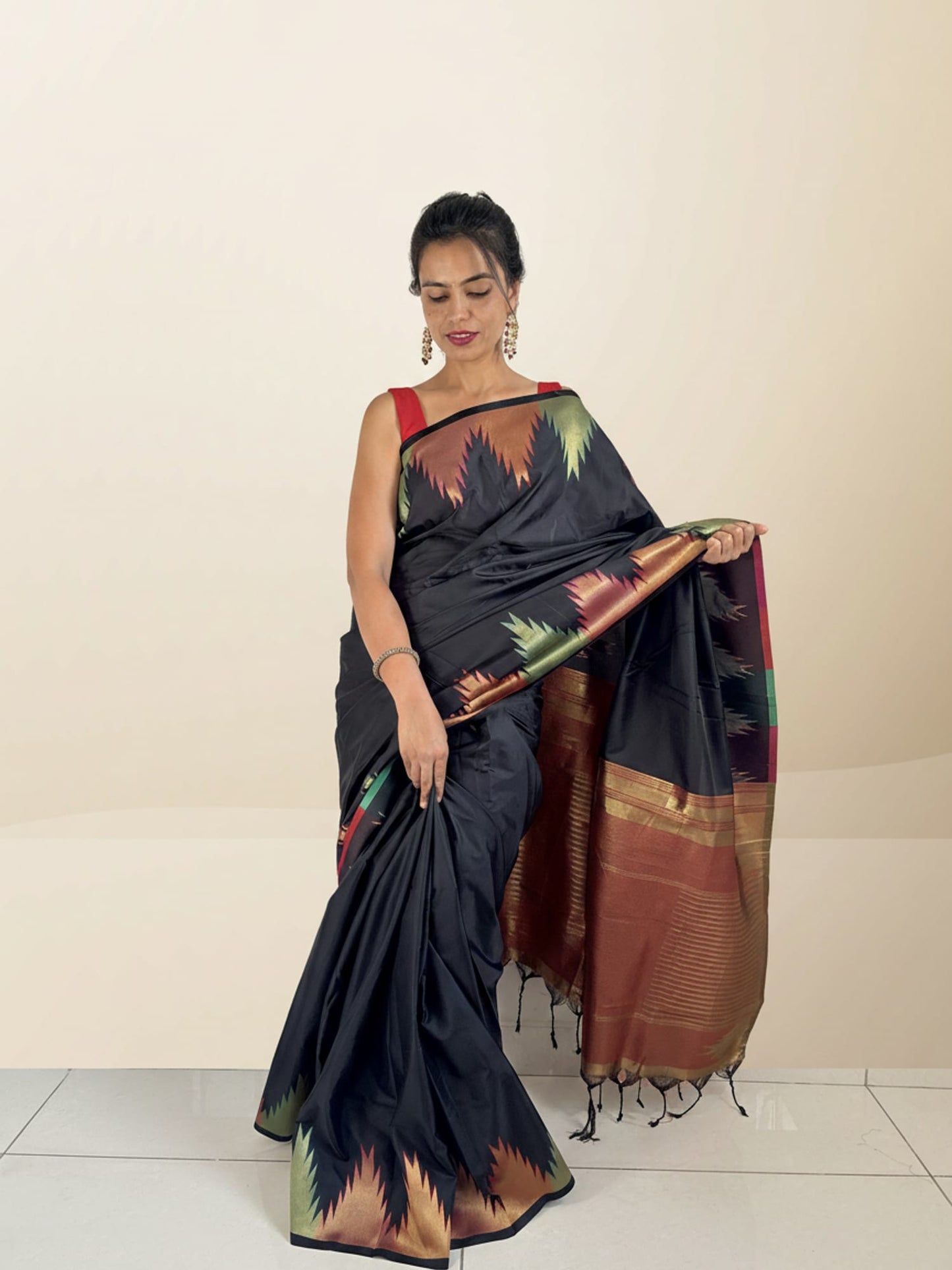 Black Red Contrast Brocade Saree