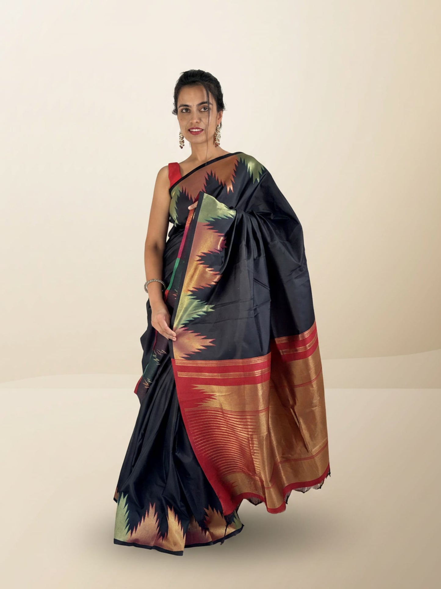 Black Red Contrast Brocade Saree