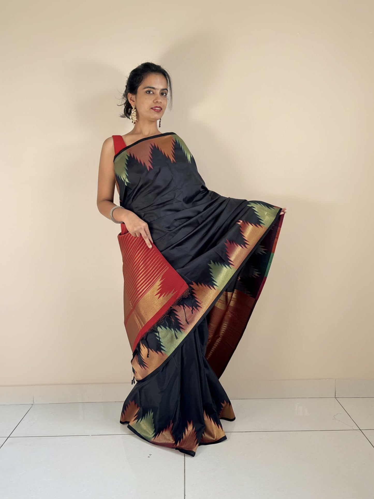 Black Red Contrast Brocade Saree
