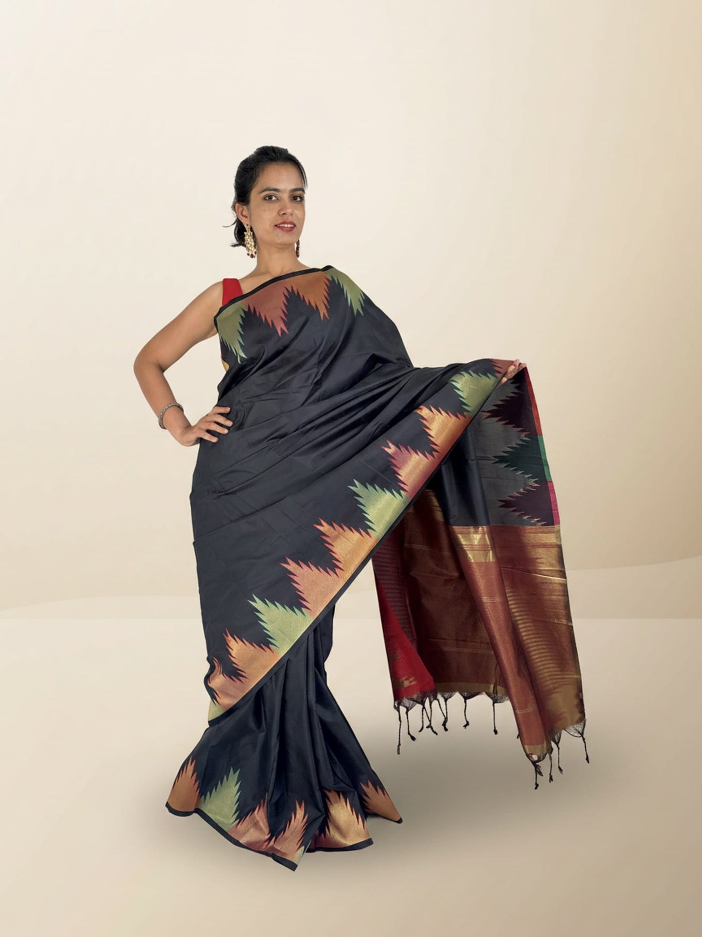 Black Red Contrast Brocade Saree
