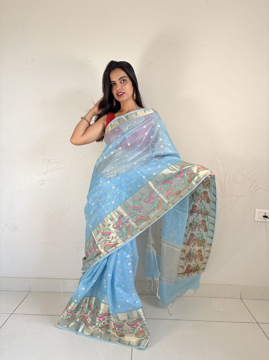 Blue Kota Doria Saree