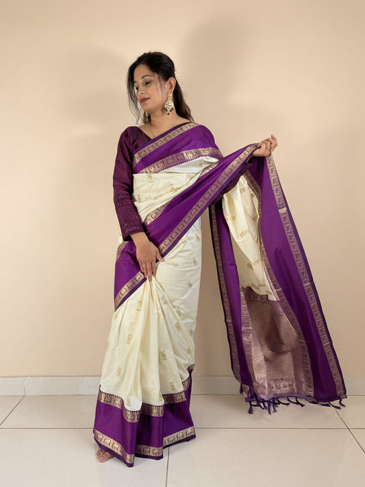 Off white Purple Contrast Brocade Saree