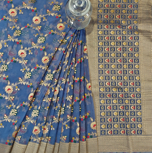 Indigo Meenakari Organza- Banarasi Saree