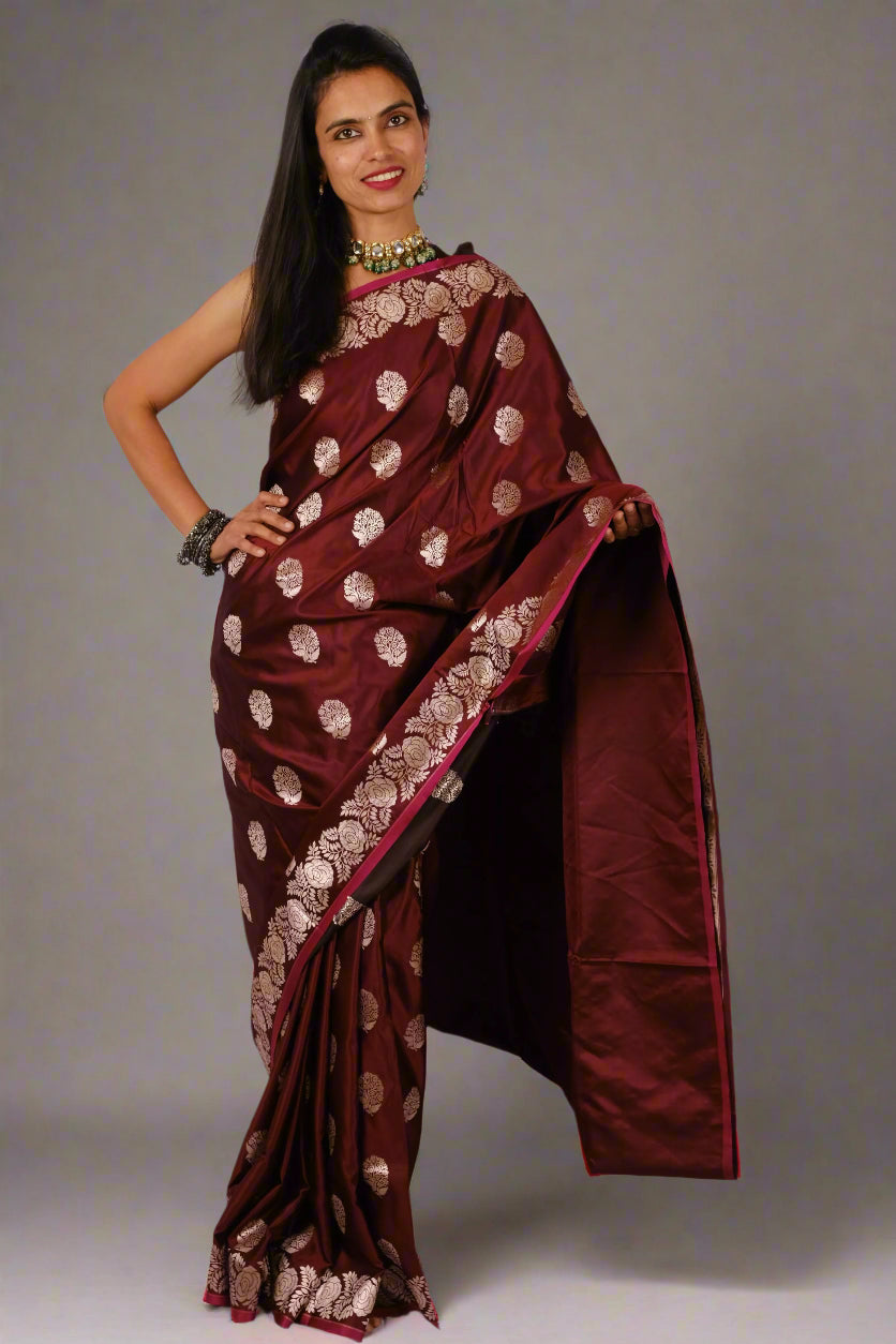 Classic Nivi drape in Katan silk Banarasi saree from Silken Saga