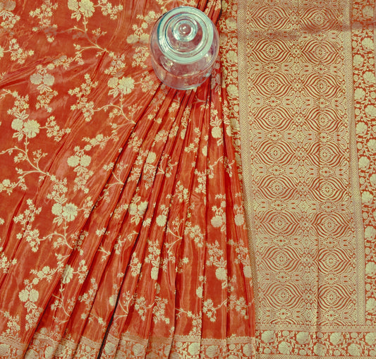 Meenakari Caramel Russian Crepe - Banarasi Saree