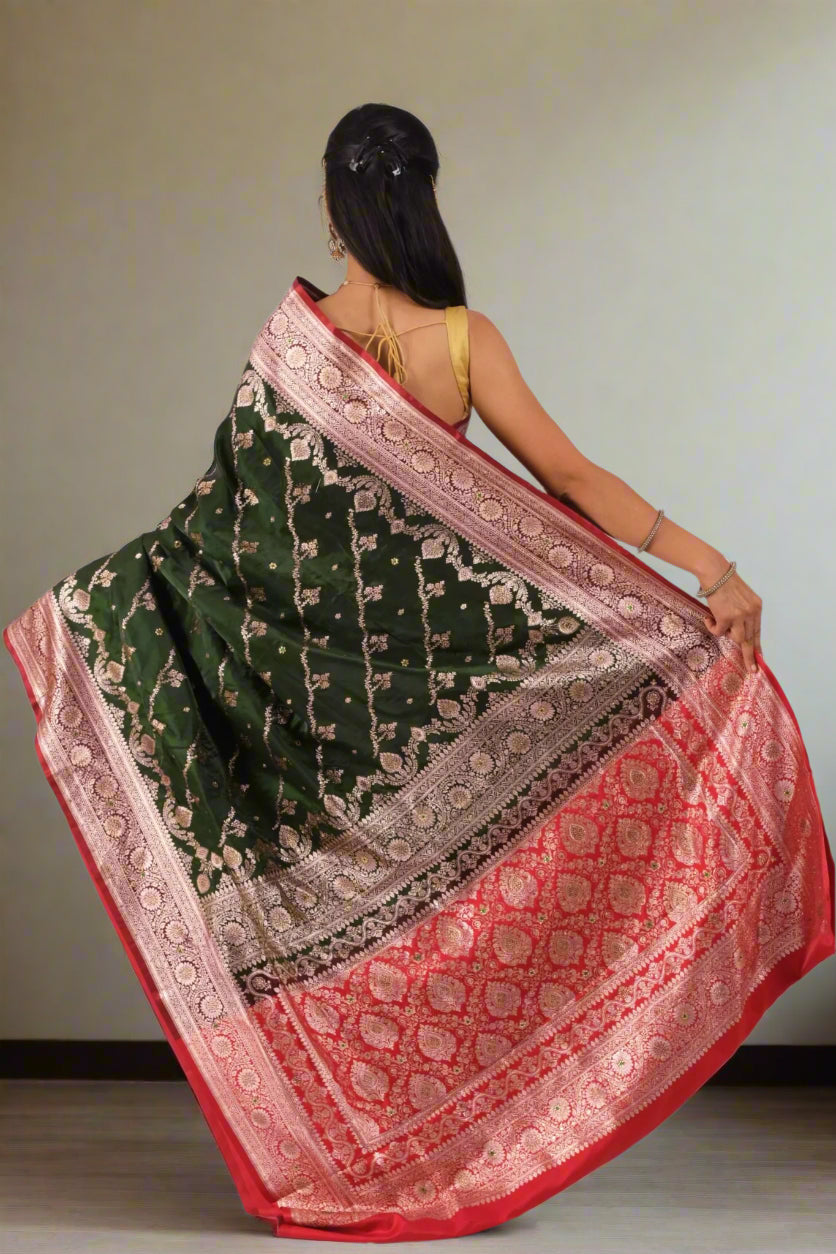 Modern belted styling with Katan Banarasi saree from Silken Saga